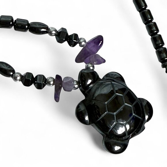 Hematite Bead Necklace with Turtle Pendant Amethyst - Picture 5 of 7